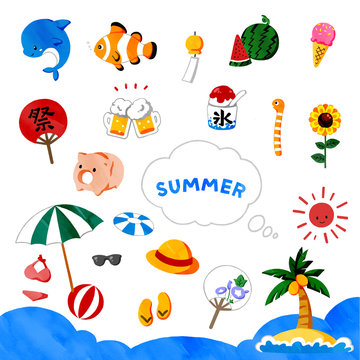 水彩画　カラフルで可愛い夏素材のイラストセット