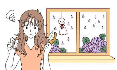 梅雨　クセ毛に悩む女性のイラスト