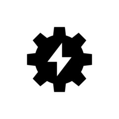 Gear with lightning in black flat design on white background, web icon design Power energy sign, Vector illustration