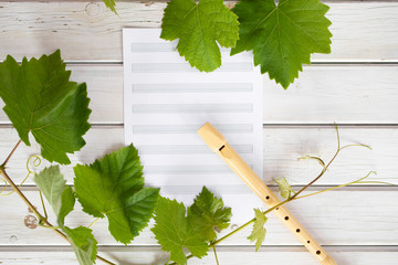 Pentagram and flute with vine branch and leafs on white wooden background