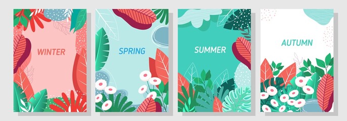 Naklejka premium Illustration set season element or nature background, winter, spring, summer, autumn, banner, cover, templates, posters.
