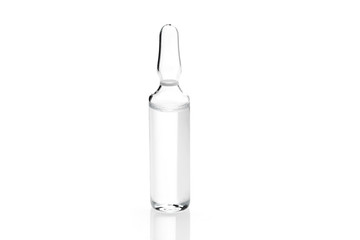glass transparent ampoule with vaccine for the treatment of coronavirus covid-19 isolated on a white background with copy space.