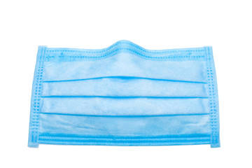 blue fabric medical sick mask with a bend for the nose front view isolated on white background.