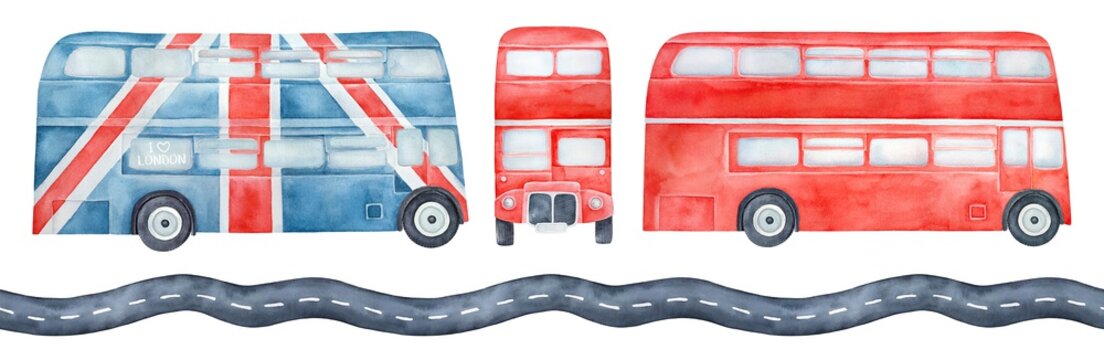 Water color illustration pack of various double-decker buses, side and front view and seamless pattern of highway road. Hand drawn watercolour painting, cutout clip art elements for creative design.