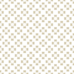 Golden vector seamless pattern. Abstract geometric texture with small floral figures, crosses. Elegant ornamental white and gold background. Luxury repeat design for decor, prints, wallpapers, cloth