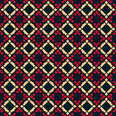 Vector geometric seamless pattern. Traditional folk ornament. Texture with rhombuses, flower shapes, diamonds. National ethnic motif. Red, black and beige colors. Elegant repeat background design
