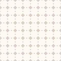 Vector minimalist seamless pattern. Subtle abstract geometric texture with small figures, crosses, squares, dots, grid. Simple minimal beige background. Repeat design for decor, print, wallpapers