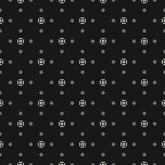 Vector minimalist seamless pattern. Black and white abstract geometric floral background. Minimal ornament texture with simple small flowers, tiny squares. Dark repeat design for decor, covers, web