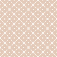 Subtle vector geometric seamless pattern with small elements, squares, rhombuses, grid. Abstract minimalist texture in beige and white color. Elegant minimalist background. Decorative repeated design