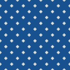 Vector geometric floral seamless pattern. Simple minimalist texture. Abstract indigo blue and white graphic background. Minimal ornament with small flower silhouettes, stars, crosses. Repeated design