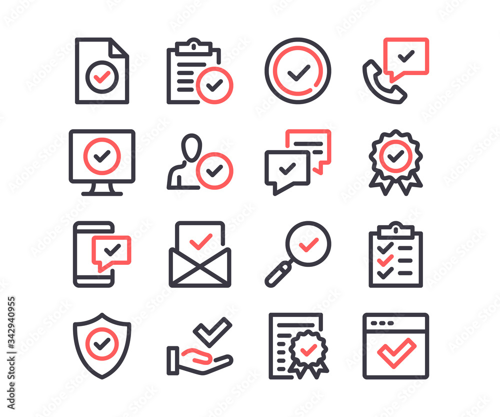 Poster check marks line icons set. checkmark, shield and tick, quality control concepts. modern outline sym