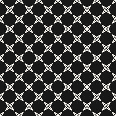 Vector monochrome geometric seamless pattern with small crosses, abstract flowers, grid. Simple black and white minimalist texture. Modern minimal background. Dark repeat design for decor, wallpapers