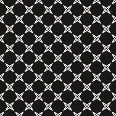Vector monochrome geometric seamless pattern with small crosses, abstract flowers, grid. Simple black and white minimalist texture. Modern minimal background. Dark repeat design for decor, wallpapers