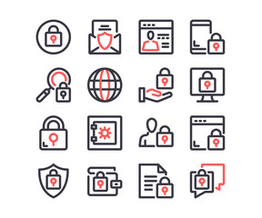 Internet security line icons set. Cybersecurity, data protection, privacy concepts. Modern outline symbols. Simple thin stroke design linear graphic elements. Red and black colors. Vector line icons