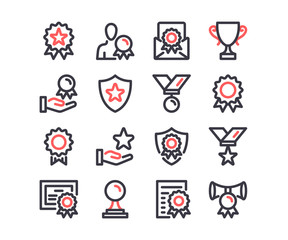 Awards line icons set. Winner, reward, trophy cup, premium quality, medal concepts. Modern outline symbols. Simple thin stroke design linear graphic elements. Red and black colors. Vector line icons