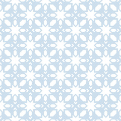 Vector geometric seamless pattern. Abstract light blue and white texture with stars, crosses, diamonds, grid. Simple folk style geometrical ornament. Winter background. Repeat design for decor, print