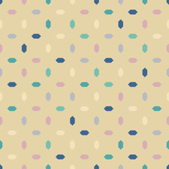 Vector geometric seamless pattern with diamonds, rhombuses, small colorful elements. Simple abstract minimal ornament. Cute funky background texture in pastel colors. Repeat design for print, decor