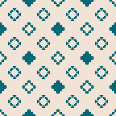 Vector geometric texture with small flower shapes, squares, crosses. Abstract minimal seamless pattern. Retro vintage style. Simple background in teal and beige color. Repeat design for decor, fabric