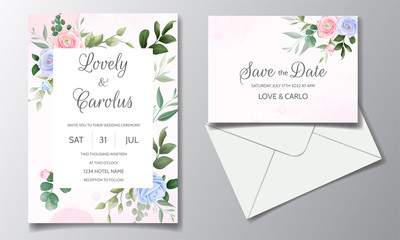 Elegant wedding invitation card template set with beautiful roses and green leaves