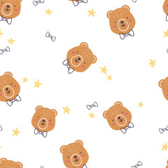 Pattern with cartoon bear in bow tie, stars and rainbow for cute textile, wrapping paper or other products.