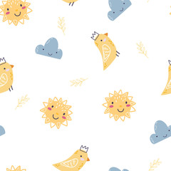 Cute pattern with cartoon sun, bird and clouds.