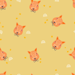 Pattern with a foxy in a bow tie on a cheerful orange background