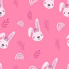 Cute pattern with rabbit princess character and floral ornament around, for cozy fabric, wrapping paper and other things.