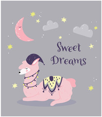 Poster with a llama with a star and a month on a grey background with the inscription "sweet dreams", a print on pyjamas or cozy poster.