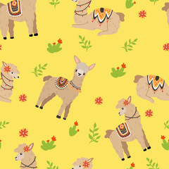 Cute pattern with llama on a yellow background with floral elements