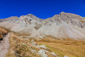 Hiking footpath in The South Alps (Alpes du Haute Provence),in France, leading to the Small Cayolle Mountain Pass (Col de la Petit Cayolle- 2639 m)