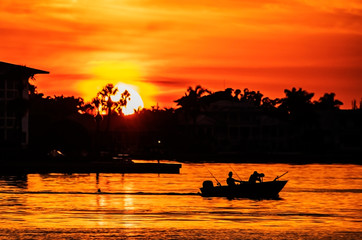 sunset over the bay, sea, water, boat, sun, sky, landscape, evening, beautiful, dawn, orange