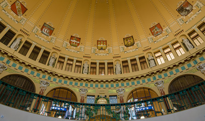 Obraz premium Prague. Czech Republic. Dome of the Art Nouveau style in the main railway station.