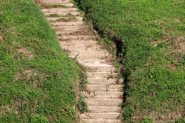Obraz premium Wavy old partially broken cracked concrete steps surrounded with uncut green grass mixed with dry grass on side of local river bank