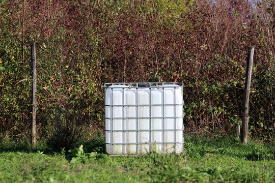 White new intermediate bulk container or IBC plastic tank with metal cage used for water storage left in family house backyard garden next to two wooden fence poles surrounded with uncut grass and den