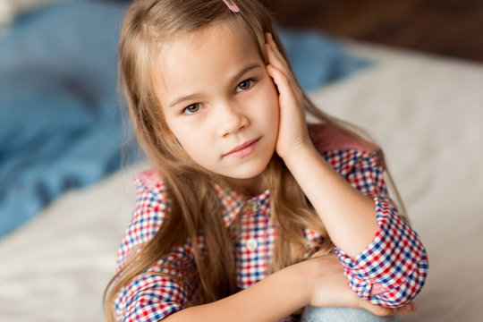 Beautiful Little Girl In Plaid Shirt, Blonde Hair