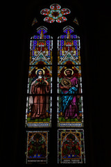 Stained glass window of St. Ludmila Church (St. Ludmila of Bohemia). Prague. Czech Republic.