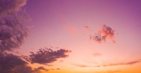 Panorama of sky. Orange blue and violet color sunset sky background