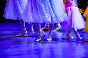 colorful purple ballet, many female legs in pointe shoes dance on stage
