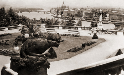 Budapest bridges and monuments taken prior to WWII bombings that destroyed all bridges and part of city. Historical significance. Copyright owner. BUDAPEST, HUNGARY. Circa 1938 to 1944.