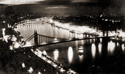 Budapest bridges and monuments taken prior to WWII bombings that destroyed all bridges and part of city. Historical significance. Copyright owner. BUDAPEST, HUNGARY. Circa 1938 to 1944.