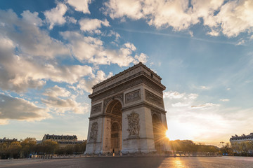 Fototapeta na wymiar Paris France city skyline sunset at Arc de Triomphe and Champs Elysees empty nobody