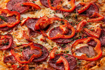 delicious pizza closeup top view food background