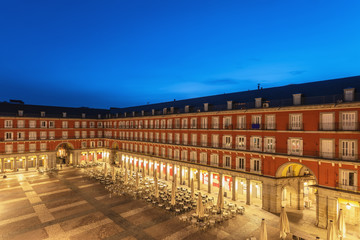 Naklejka premium Madrid Spain, aerial view night city skyline at Plaza Mayor