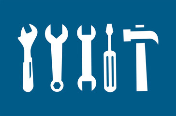Wrench Spanner Screwdriver And Hammer Line Blue Icon On White Background. Blue Flat Style Vector