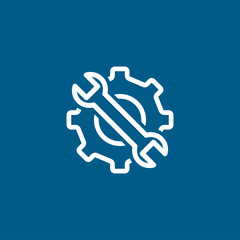 Service Tools Blue Line Icon On White Background. Blue Gear Wheel & Hammer Flat Style Illustration