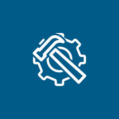Service Tools Blue Line Icon On White Background. Blue Gear Wheel & Hammer Flat Style Illustration