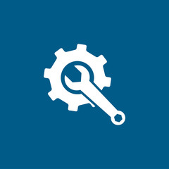 Service Tools Blue Icon On White Background. Blue Gear Wheel & Hammer Flat Style Vector Illustration