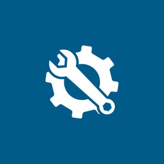 Service Tools Blue Icon On White Background. Blue Gear Wheel & Hammer Flat Style Vector Illustration