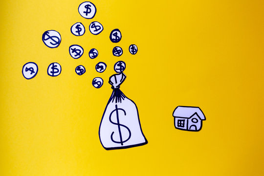 Bolsa de dinero con la que puedes comprar ropa, seguridad, tecnolog&iacute;a, salud, comida y casa, dibujos, recortes.