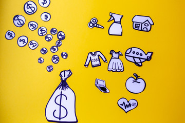 
Mouth covers with examples of what you can buy when you have money and health, such as home, clothes, health, technology.